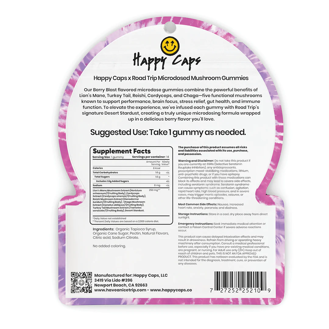 Happy Caps® x Road Trip - MICRODOSED Gummies + Functional Mushrooms - Berry Blast - Image 2