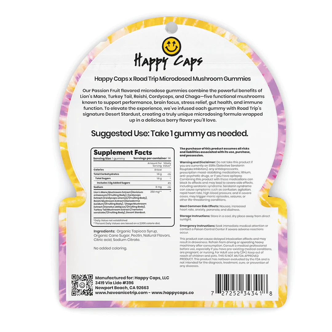 Happy Caps® x Road Trip - MICRODOSED Gummies + Functional Mushrooms - Passion Fruit - Image 2