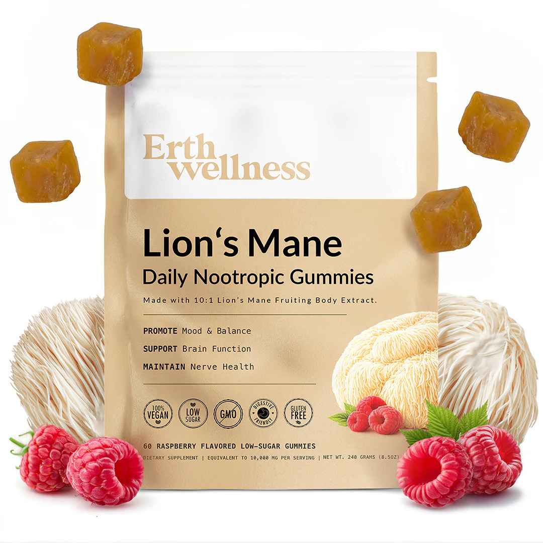 Lion’s Mane Nootropic Gummies by Erth Wellness – 10:1 Fruiting Body Extract – Cognitive Support