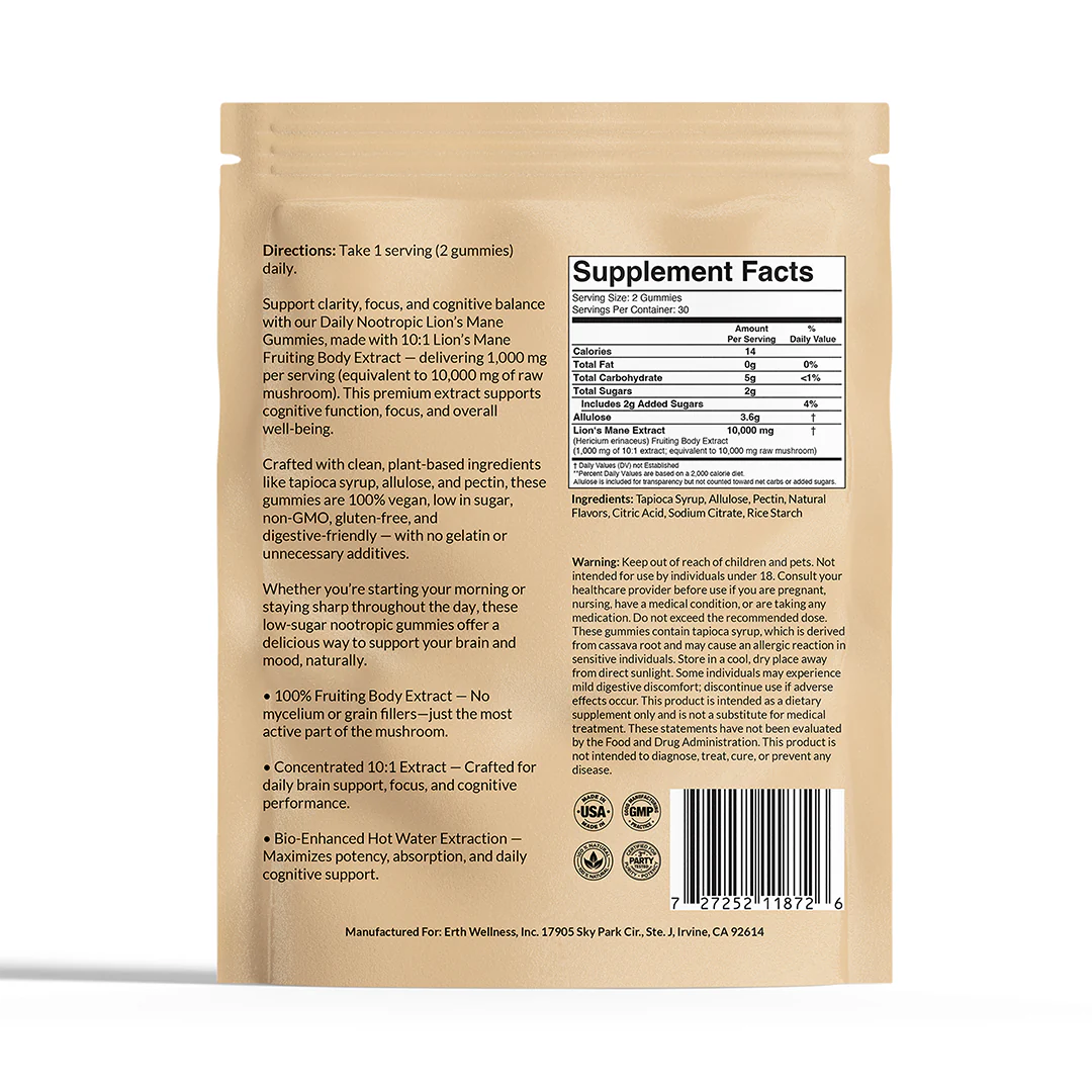 Lion’s Mane Nootropic Gummies by Erth Wellness – 10:1 Fruiting Body Extract – Cognitive Support - Image 2